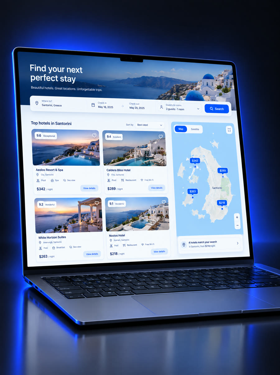 Travel booking web platform on a laptop