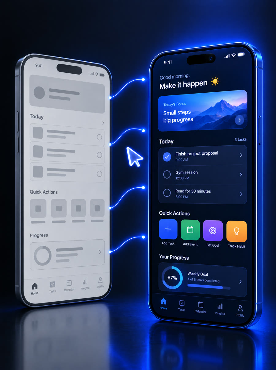 Wireframe evolving into a polished app screen